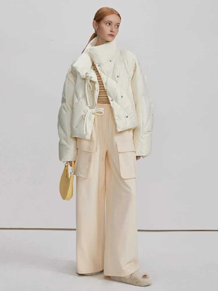 New Fashion Casual White Down Cotton Coat Winter Women Y2K Stand Collar Warm Bow Solid Padded Jacket Slim Fit Outerwear KoreanT251201