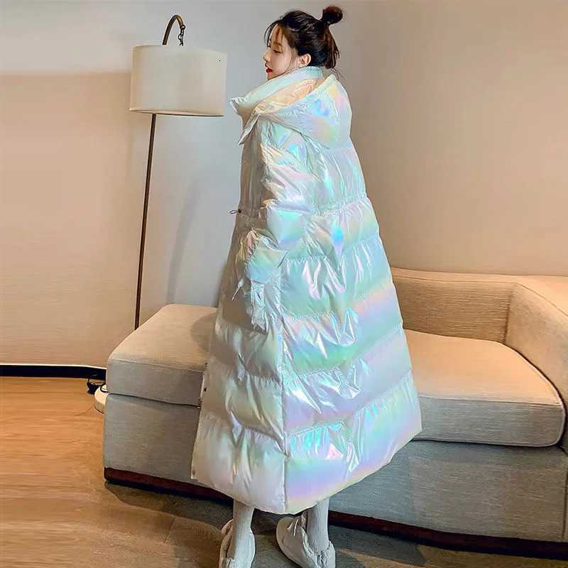 2024 New Winter Womens Down Jacket Bright Face Bright Color No-wash Hooded Over The Knee Long Plus Size Thick Padded JacketT251201