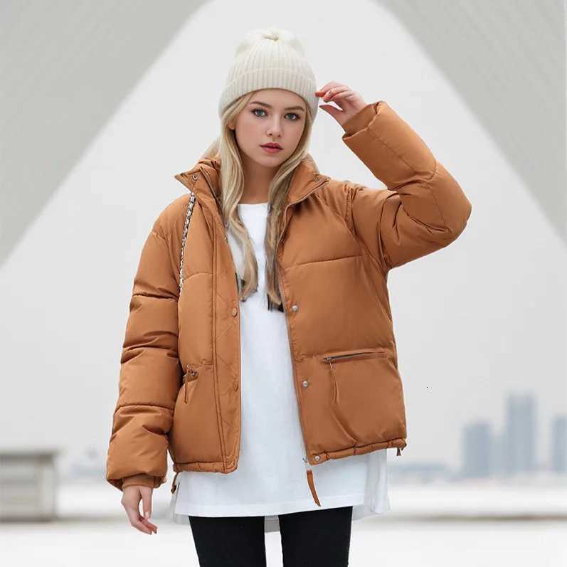 Womens Winter Puffer Coat Stand Collar Zipper Fly Pockets Loose Fit Quilted Coat For Female Thickened Ladys Thermal CoatT251201