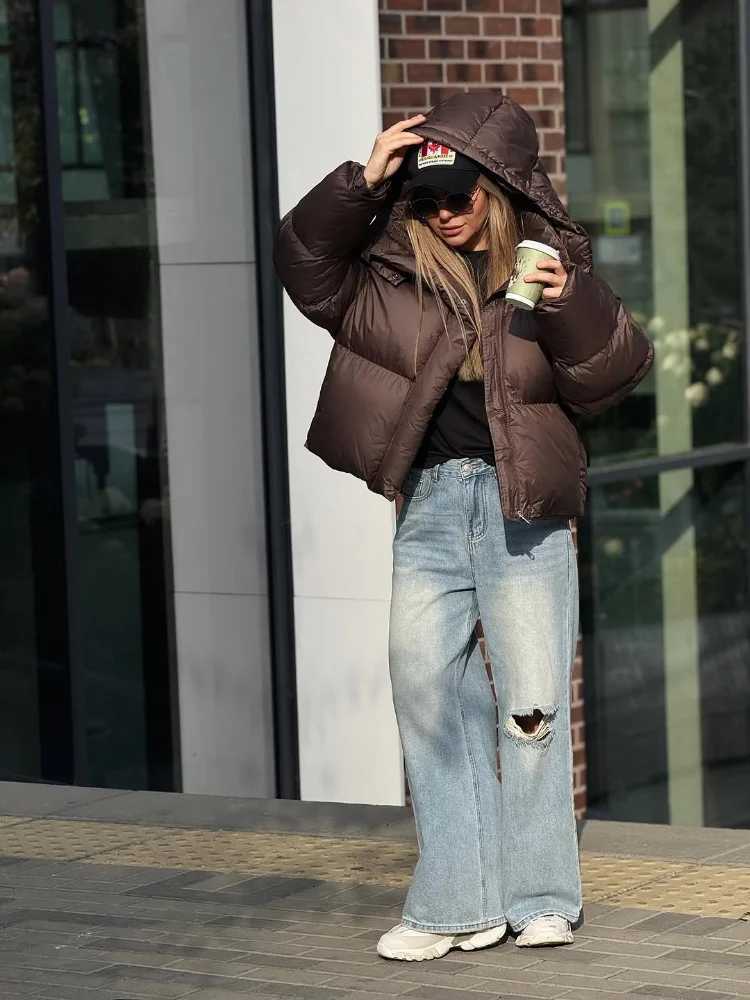 Women Brown Hooded Cotton Coat Fashion Lapel Full Sleeve Zipper Button Warm Loose Short Coats Lady Winter Casual Street OutwearT251201