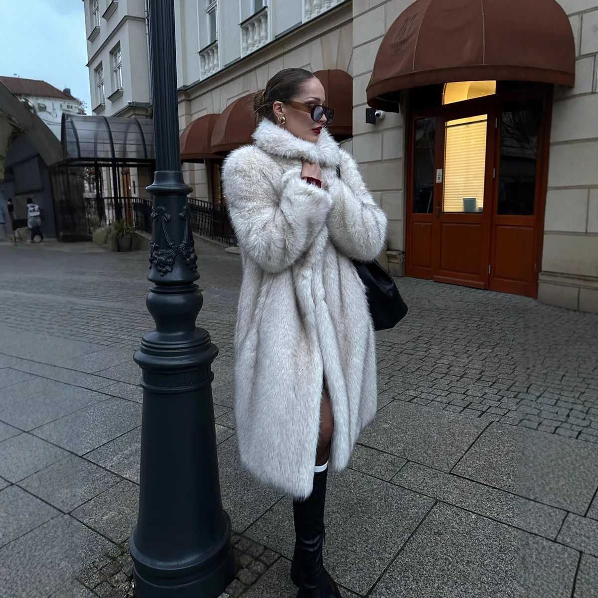 Long Coats Women Faux Fur Jackets Turn Down Collar Coat Thick Warm Y2k Streetwear Jacket Elegant Work Outerwear Autumn WinterT251201