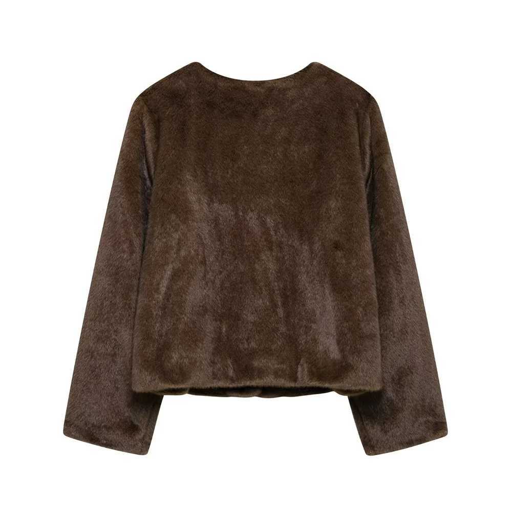 Womens New Product Brooch with Artificial Fur Effect Round Neck Long Sleeve Solid Color Warm Jacket CoatT251201