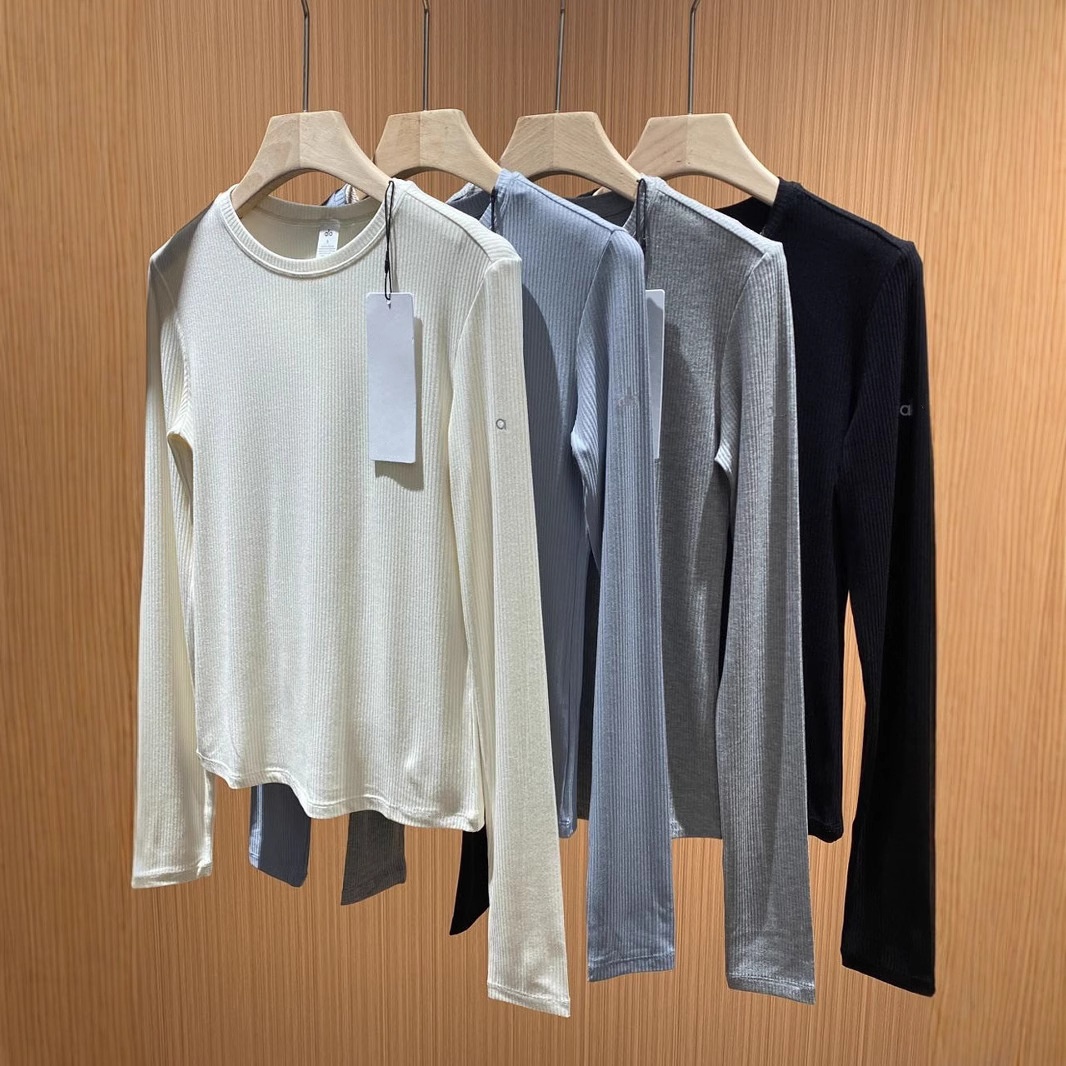 Women's Long-Sleeve Fit Ribbed Sports Fitness T-Shirt Fall Yoga Top Cotton Quick Dry Super-Stretch Thermal Base Layer Long-Sleeve Knit Base Shirt