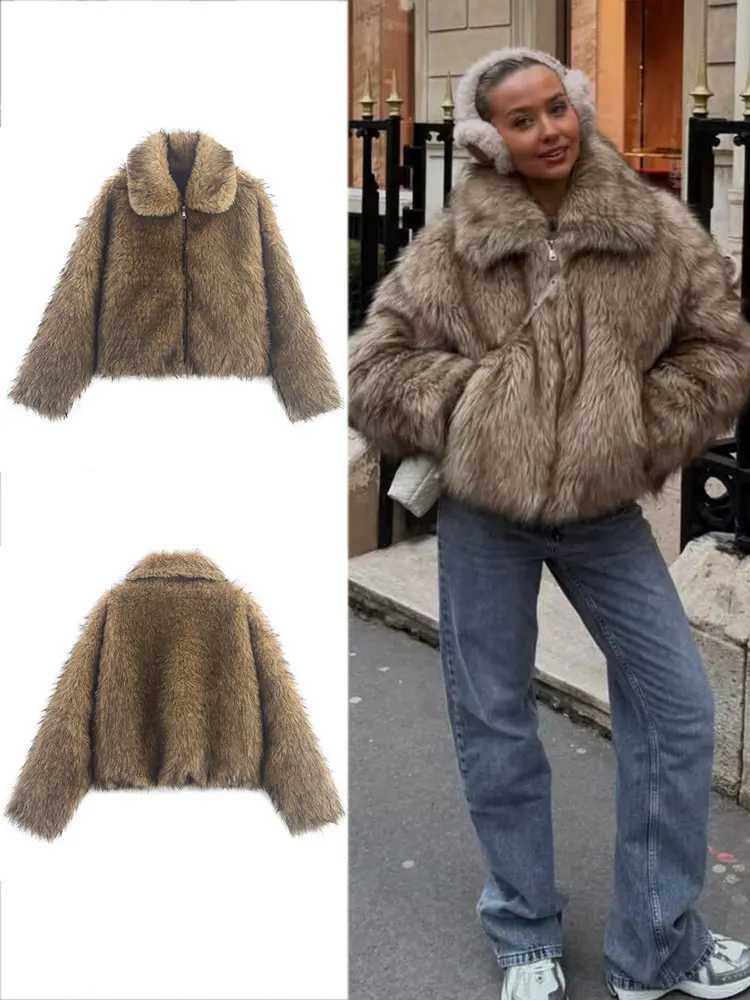 HH 2025 Women Winter Warm Faux Fur Coats Lapel Long Sleeve Zipper Jacket Female Fashion High Street Short Coat OuterwearT251201