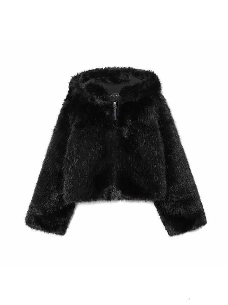 Women 2025 Winter New Hooded Short Faux Fur Jacket O Neck Womens Furry Jacket Long Sleeves Plush Coat Stylish Streetwear TopT251201