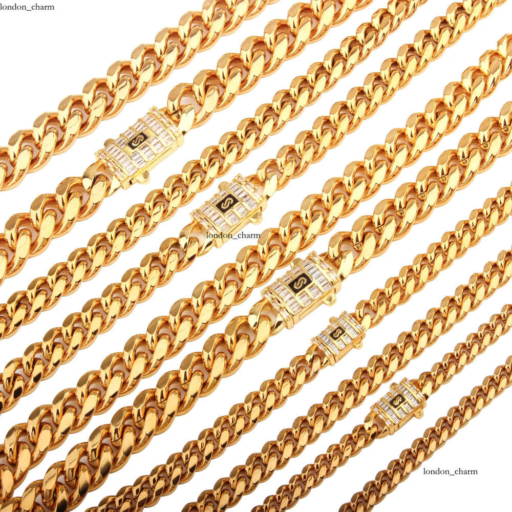6mm-14mm Hip Hop Stainless Steel Miami Cuban Link Chain 18K Real Gold Plated T Zircon Clasp Mens Necklace Jewelry