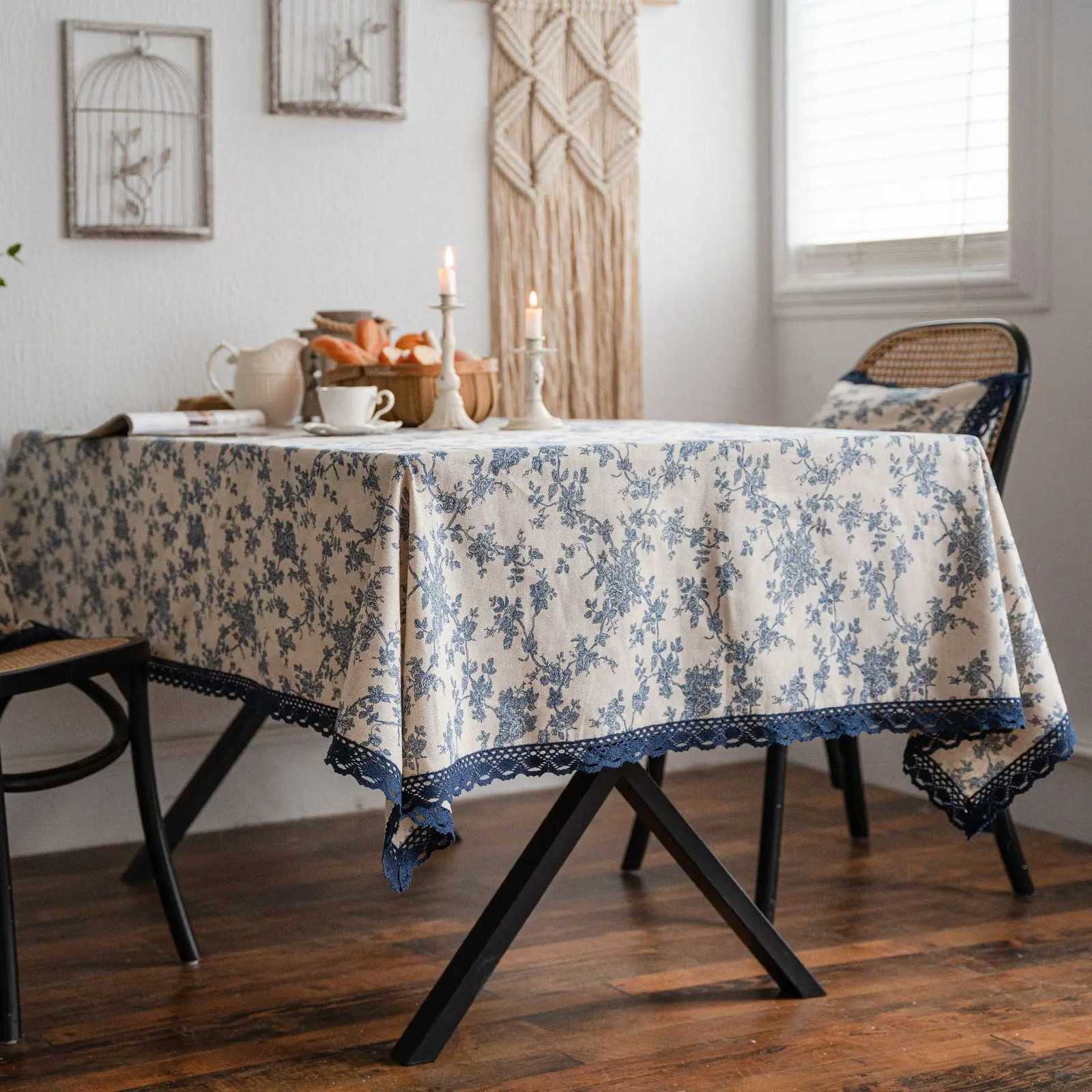 Linen Cotton Tablecloth with Lace Rectangular Dining Table Cover Tea Table Cloth Blue Rose Printing Pastoral Y251201