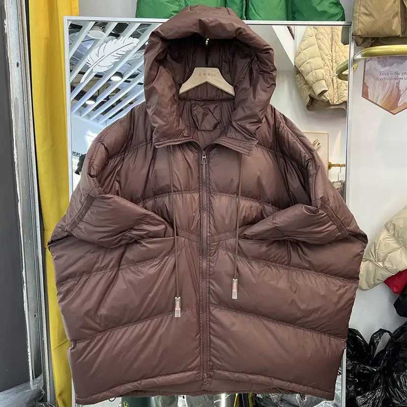 2025 New Winter Women 90 White Duck Down Jacket Casual Loose Over Size Warm Parka Female Drawstring Hooded Puffer CoatT251201