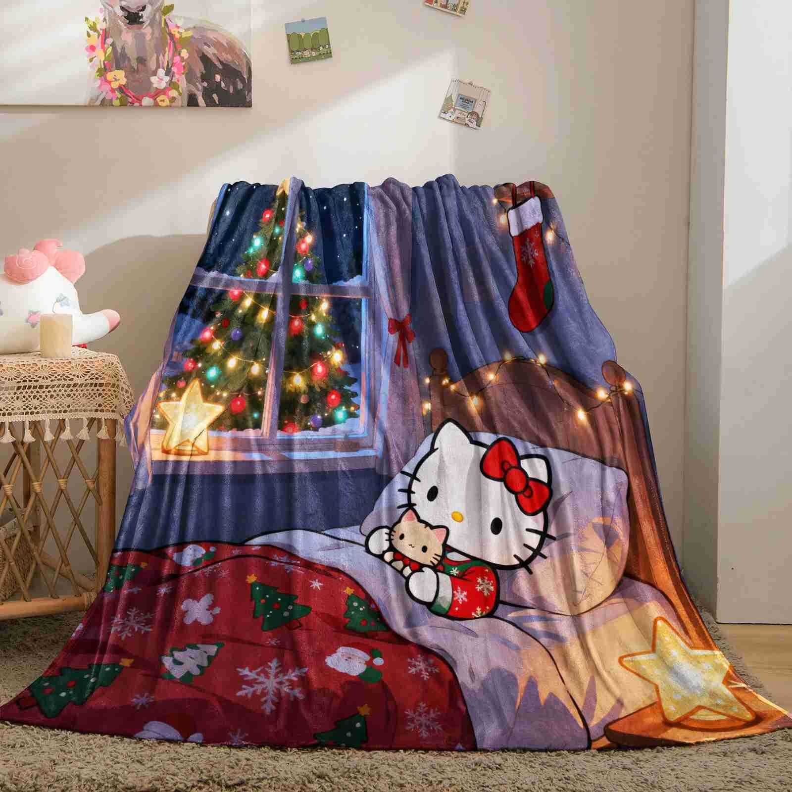 Sanrio Cute Hello Kittys Christmas Printed Blanket Fluffy Soft Flannel Sofa Kid Blanket Home Lunch Break Blanket Holiday Gifts H251201