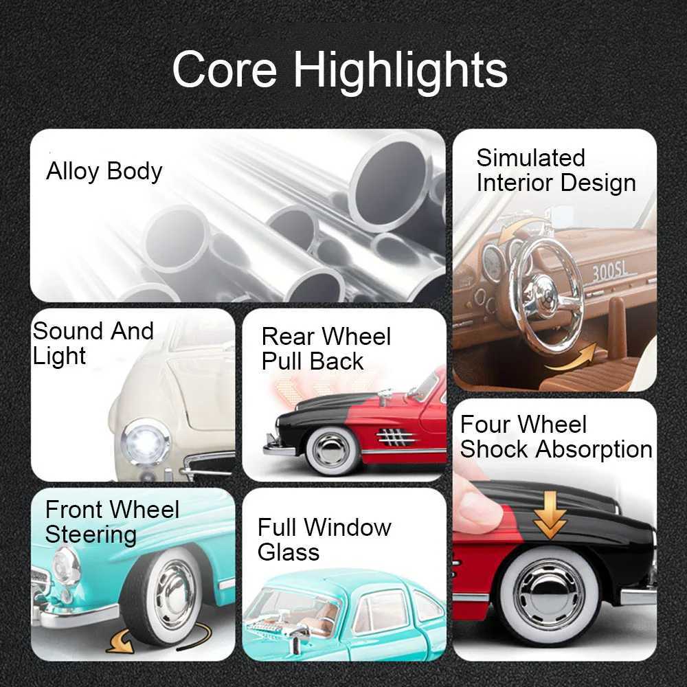 122 Scale Alloy 963 300SL Car Model Toy Wheel Steering Shock Absorption Sound Light Sports Cars Models for Kids Edutainment J251129