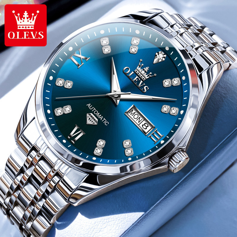OLEVS Designer Outdoor Men's Automatic Mechanical Diamond Waterproof Double Calendar Steel Band Mechanical Business Watch Free Shipping Wholesale