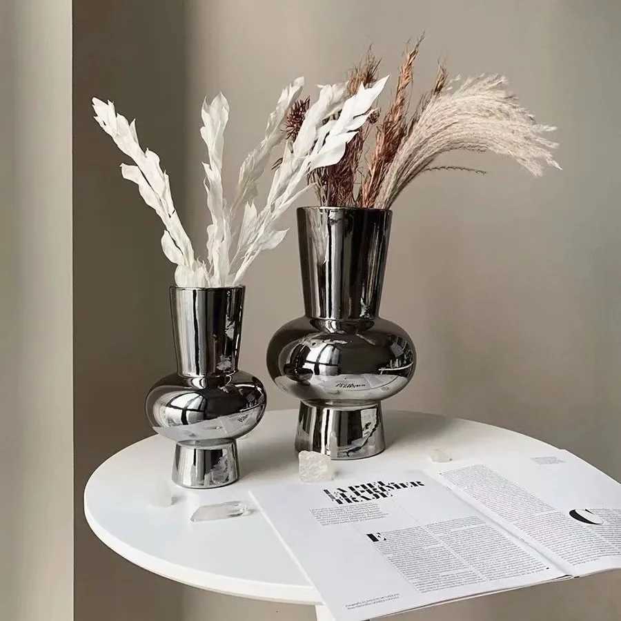 Silver Mirror Flower Vase Geetric Block Silver Plated Ceramic Vase Floral Arrangement Accessories He Decoration Y251201