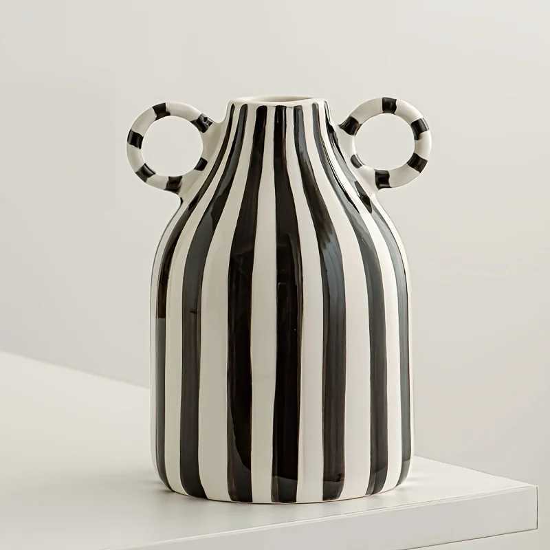 Hand-Painted Ceramic Vase with Dual Handles - Striped Cylinder Design for Living Ro Decor Earthenware Decorative Ornaments Y251201