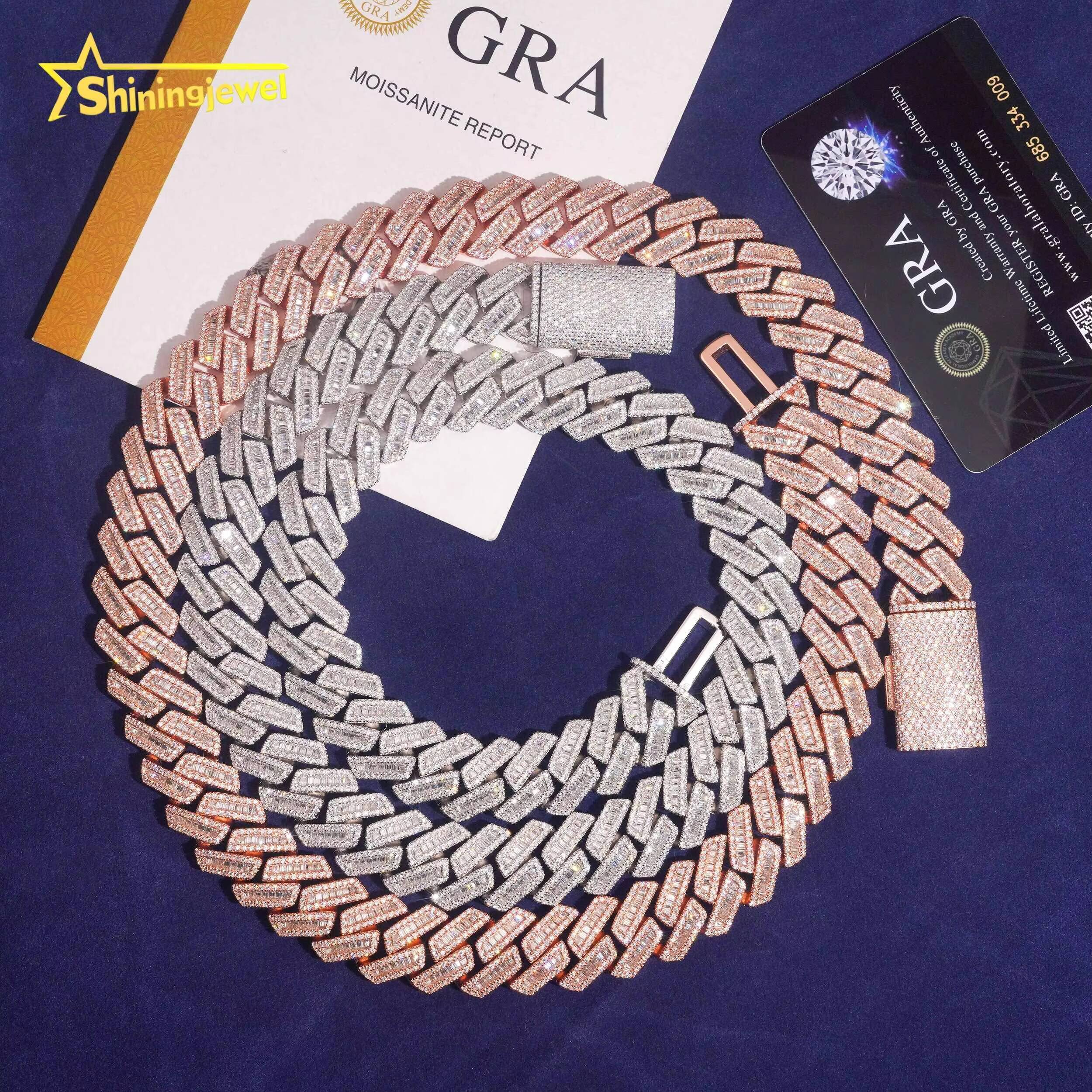 Cuban Link Chain 18mm S925 Rose Gold Plated Pass Diamond Test VVS Baguette Moissanite Diamond Cuban Necklace Men Jewelry
