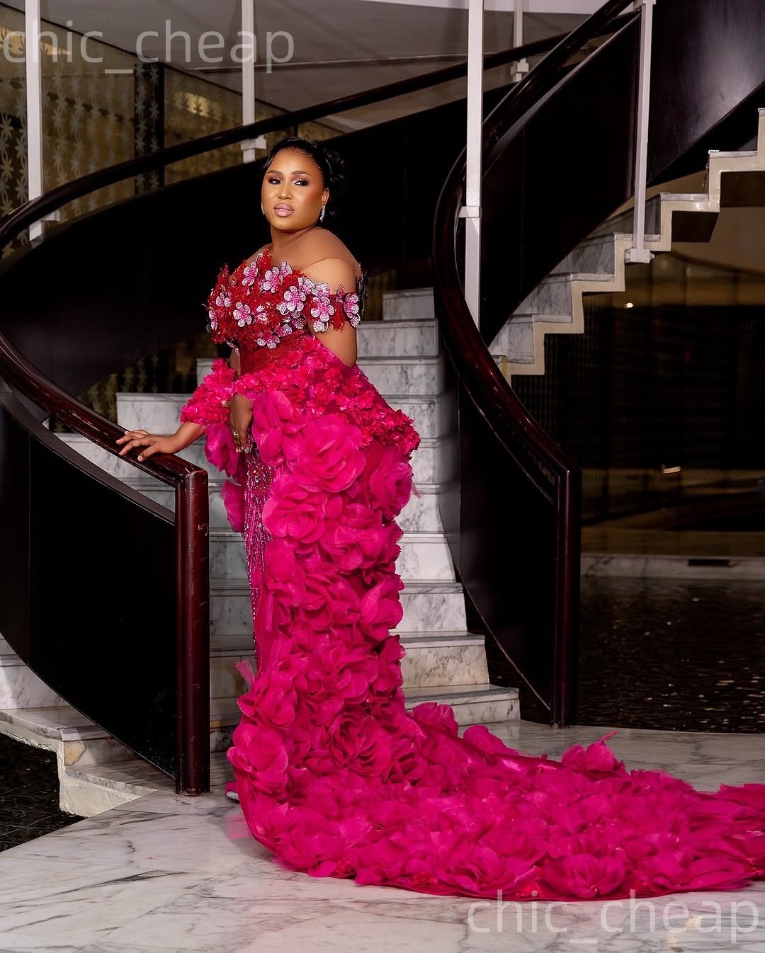 Aso Ebi Fuchsia Mermaid Prom Dresses 2026 Flowers Crystals With A Wrap Evening Formal Party Second Birthday Engagement Gowns Plus Size Dress For Speci