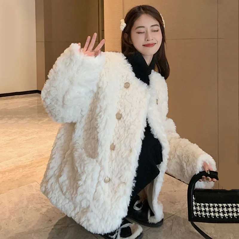 Smvp 2024 AutumnWinter New Korean Fashion Double-breasted Faux Fur Outwear Ladies Womens Lamb Cashmere Thicken Warm Plush CoatT251201