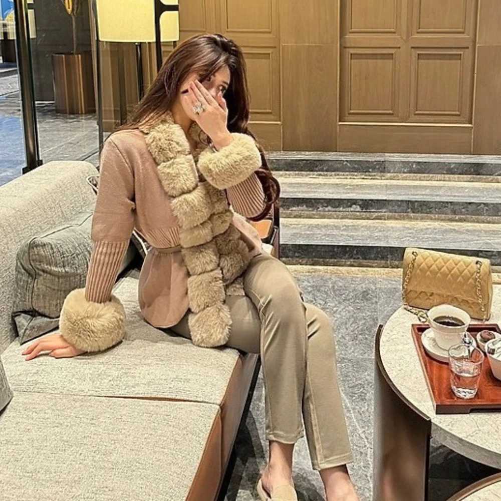 OFTBUY Faux Fur Coat Cardigan Detachable Collar Knitwear Woman Fur Jacket Artificial Fur Patchwork Knit Sweater Autumn CardiganT251201