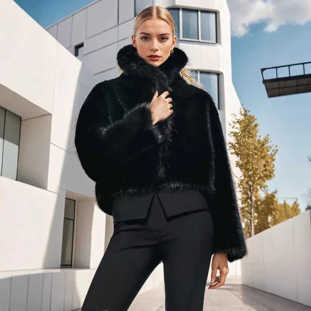 Black Women Winter Artificial Fur Jacket Elegant Lapel Collar Long Hair Female Faux Fur Coat Short Street Lady Mink Fur CoatT251201