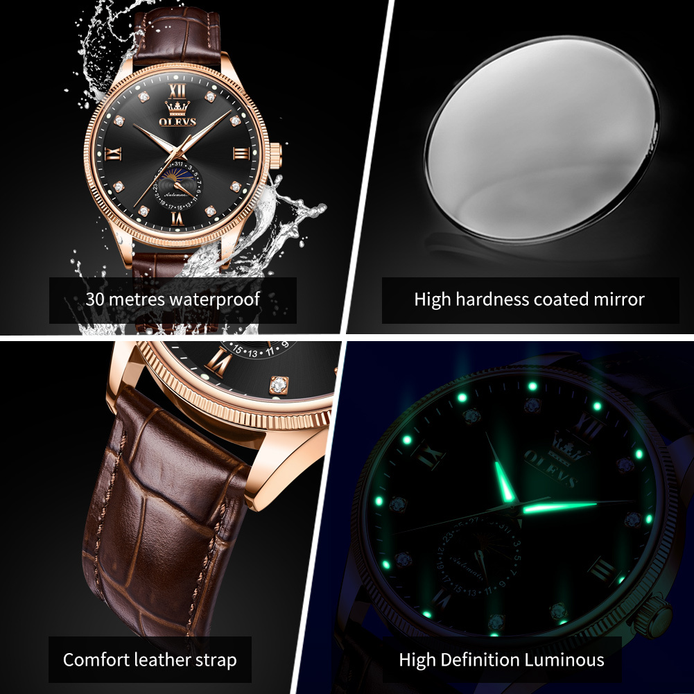 OLEVS Designer Luxury Men's Brand Business Diamond Watch Fully Automatic Mechanical Sun Moon Star Night Light Waterproof Watch Classic Versatile 