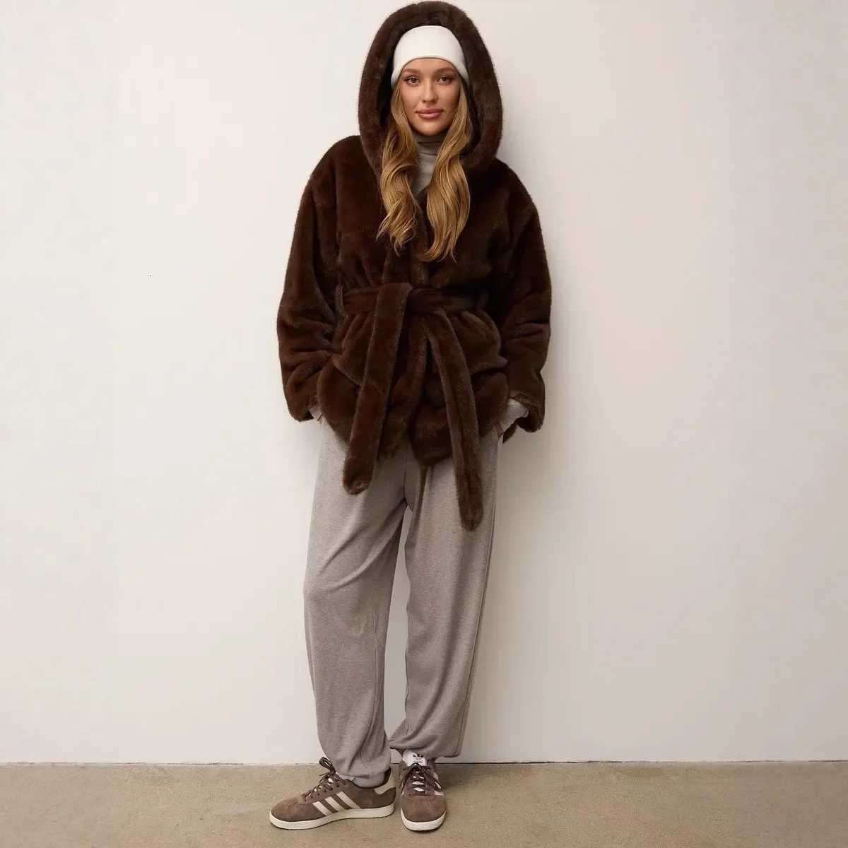 KIDCRKJ Winter Women Mink Fur Jackrt Luxury Lapel Belted White Lady Faux Fur Coat Fashion Loose Chic Female Fluffy Fur JacketT251201