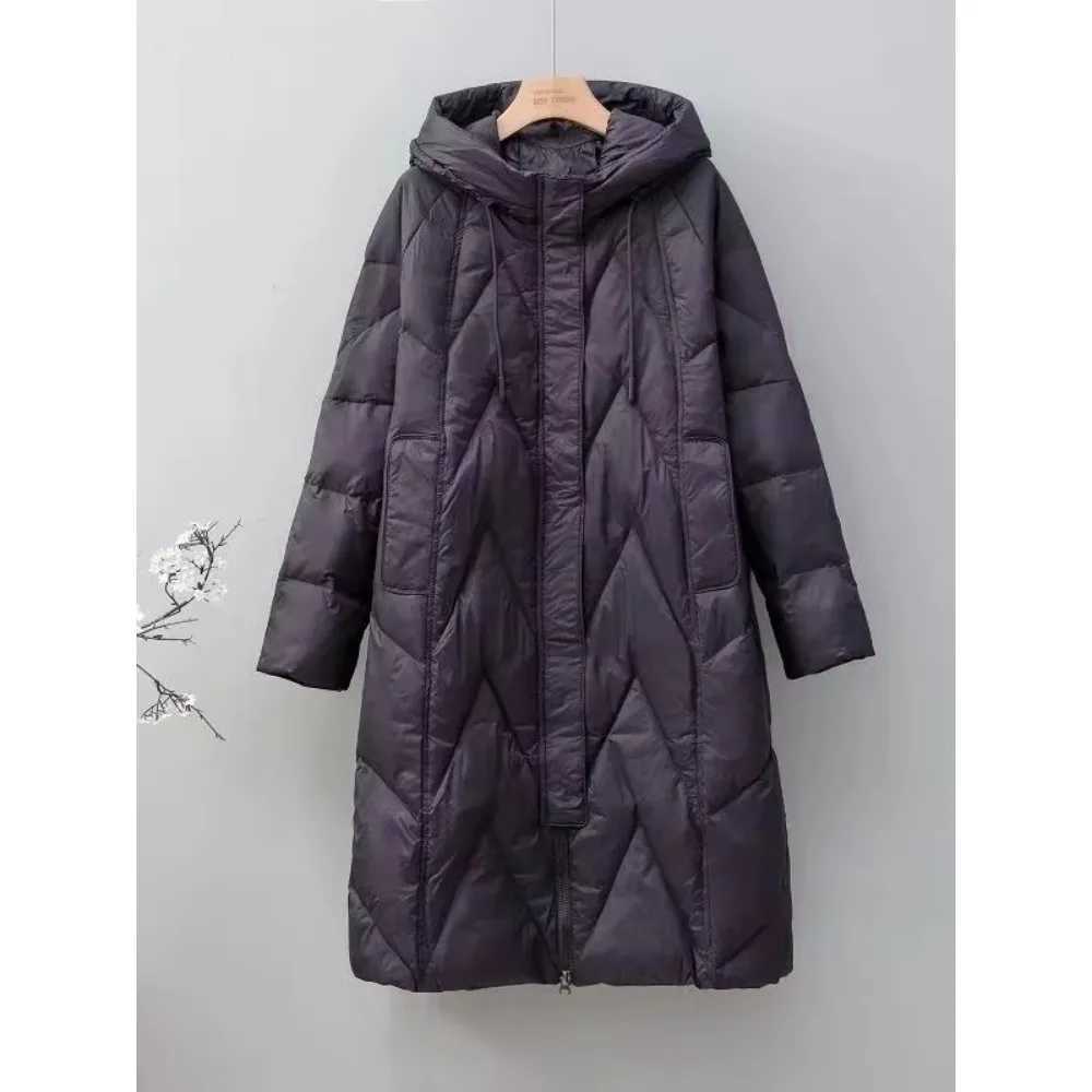 2024 Winter Fashion New Lady Loose Long Coat White Duck Down Jacket Women Overcoat Winter Hooded Puffer Feather Parkas FemaleT251201