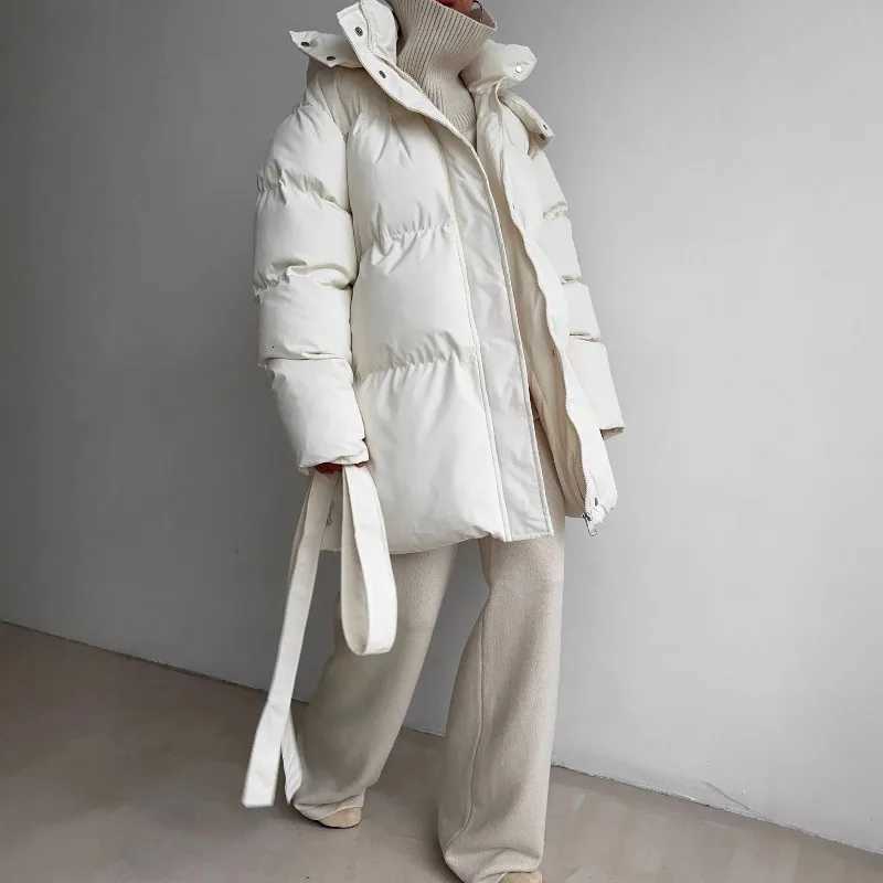 ZEMOREXMZ 2025 Winter Fashion Casual Lace-up Waisted Hooded Mid-Length Jacket For Women Solid Color Thickened Cotton CoatT251201