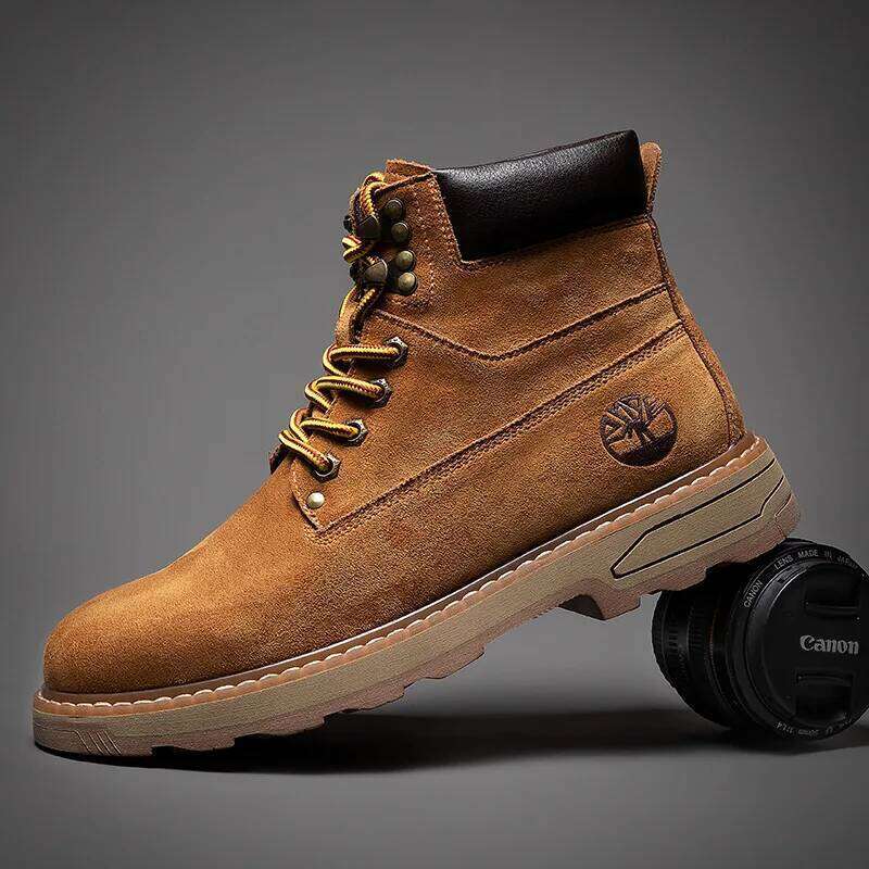 Autumn Winter Velvet Platform Boots for Men Designer Soft-soled Cow Suede Work Shoes Man Fashion Non-slip Yellow Ankle Boot Male