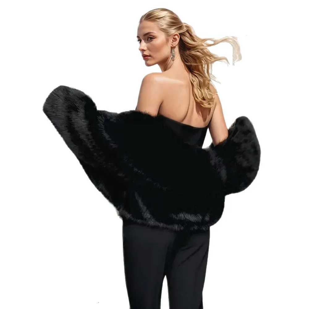 Black Women Winter Artificial Fur Jacket Elegant Lapel Collar Long Hair Female Faux Fur Coat Short Street Lady Mink Fur CoatT251201