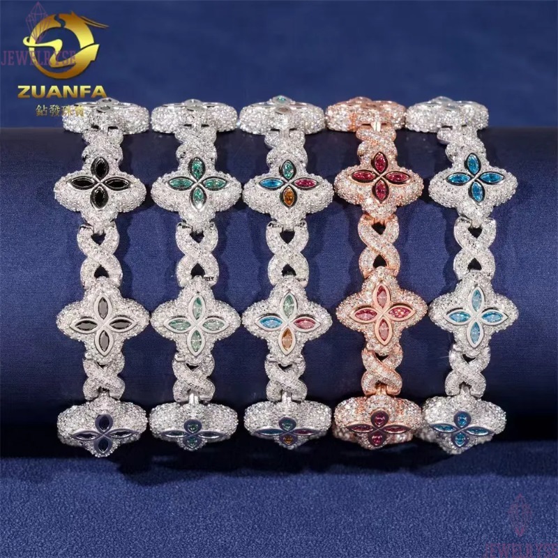 Moissanite Bracelet Luxury Jewelry New 15mm Marquise Flower Design Hip hop Jewelry Iced out Unisex Cuban Link Chain Sier