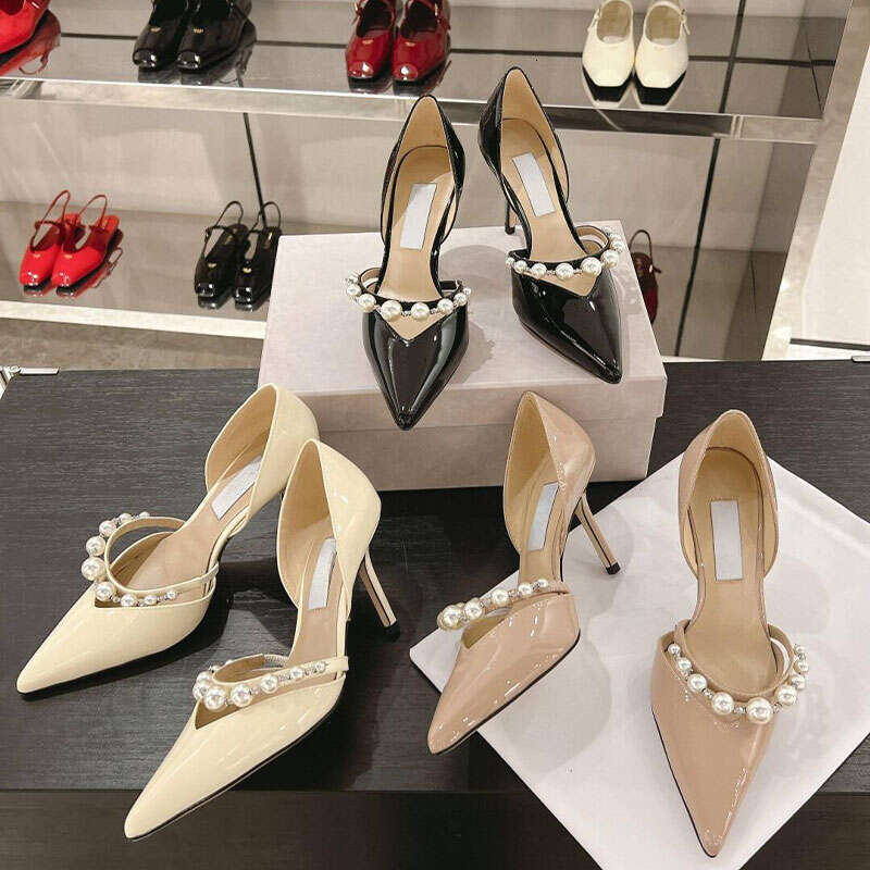 women's Dress Wedding Party Shoes Pearl-Embellished Patent leather stiletto heels Elegant Bride Pearls Foot strap Slip-On High Heels Size 35-42 box
