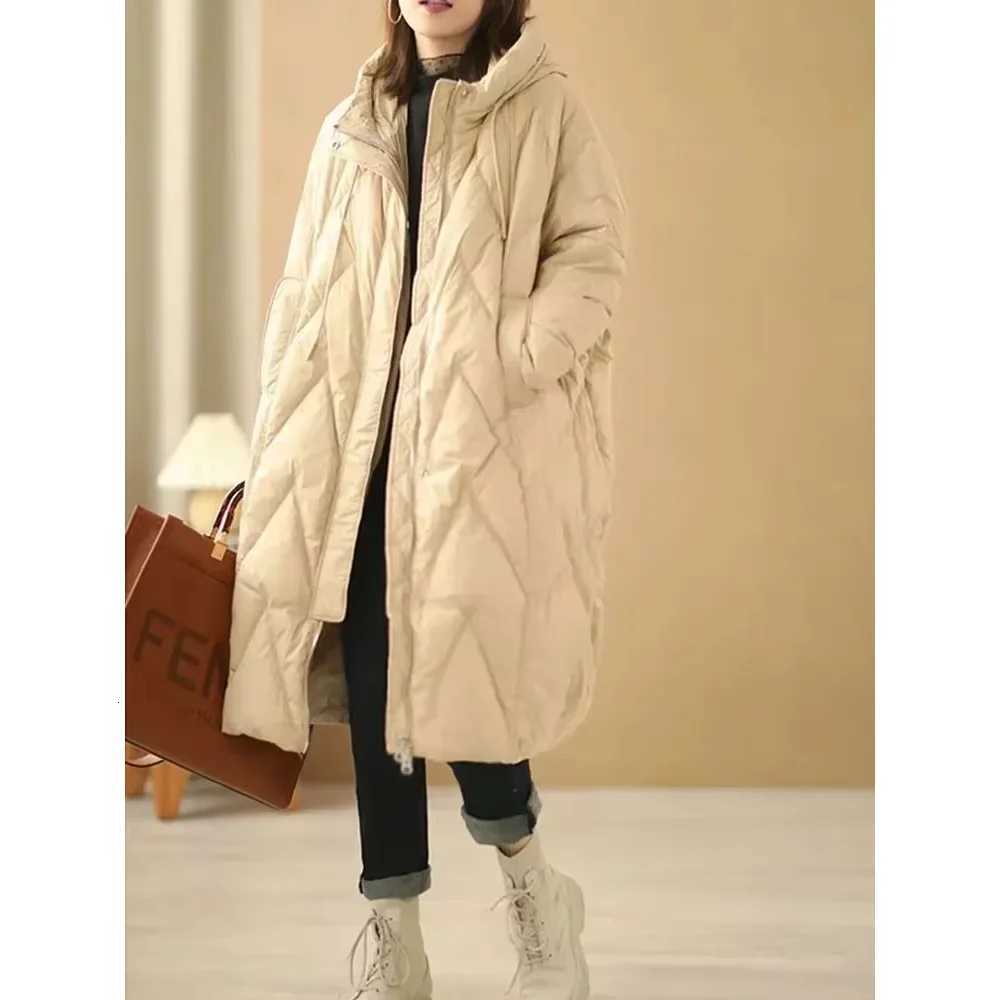 2024 Winter Fashion New Lady Loose Long Coat White Duck Down Jacket Women Overcoat Winter Hooded Puffer Feather Parkas FemaleT251201