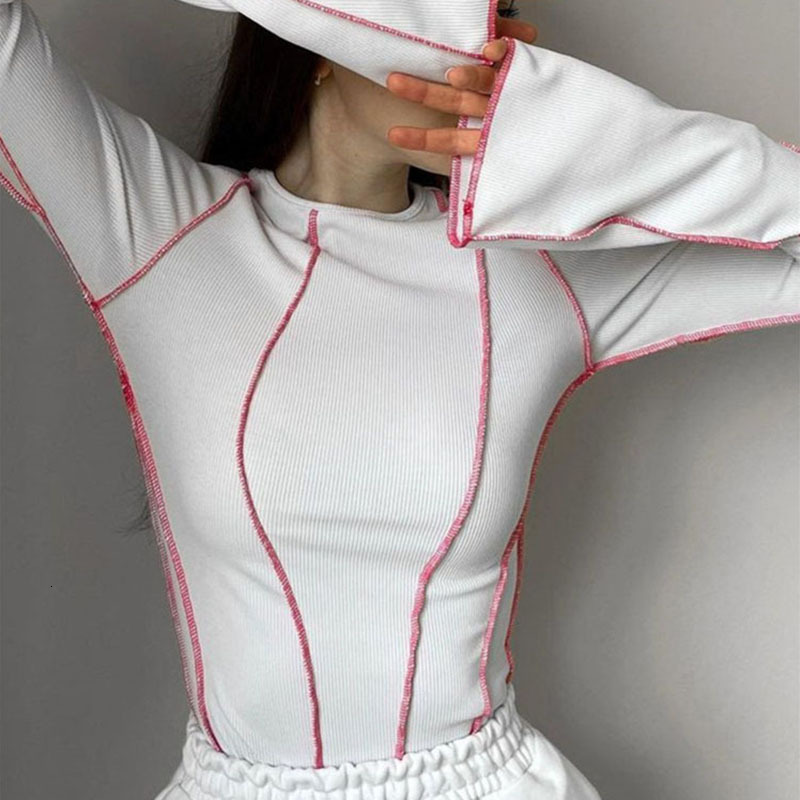 Autumn and Winter Round Neck Flare Sleeve Pit Stripe Top for Womens New Underlay Womens Fashion Sexy Long Sleeve T-shirt for Women 210302