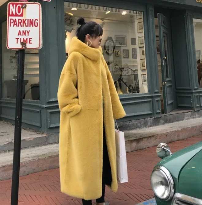 Autumn And Winter New Korean Lmitation Mink Velvet Fur Thickened Loose Plush Hat Long Coat WomenT251201