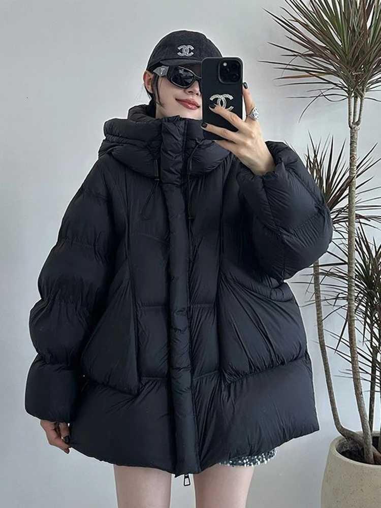 Winter New Puff Down Jacket Female Thickened White Duck Down Warm Coat Women Medium-length Loose Solid Thick Hooded OvercoatT251201