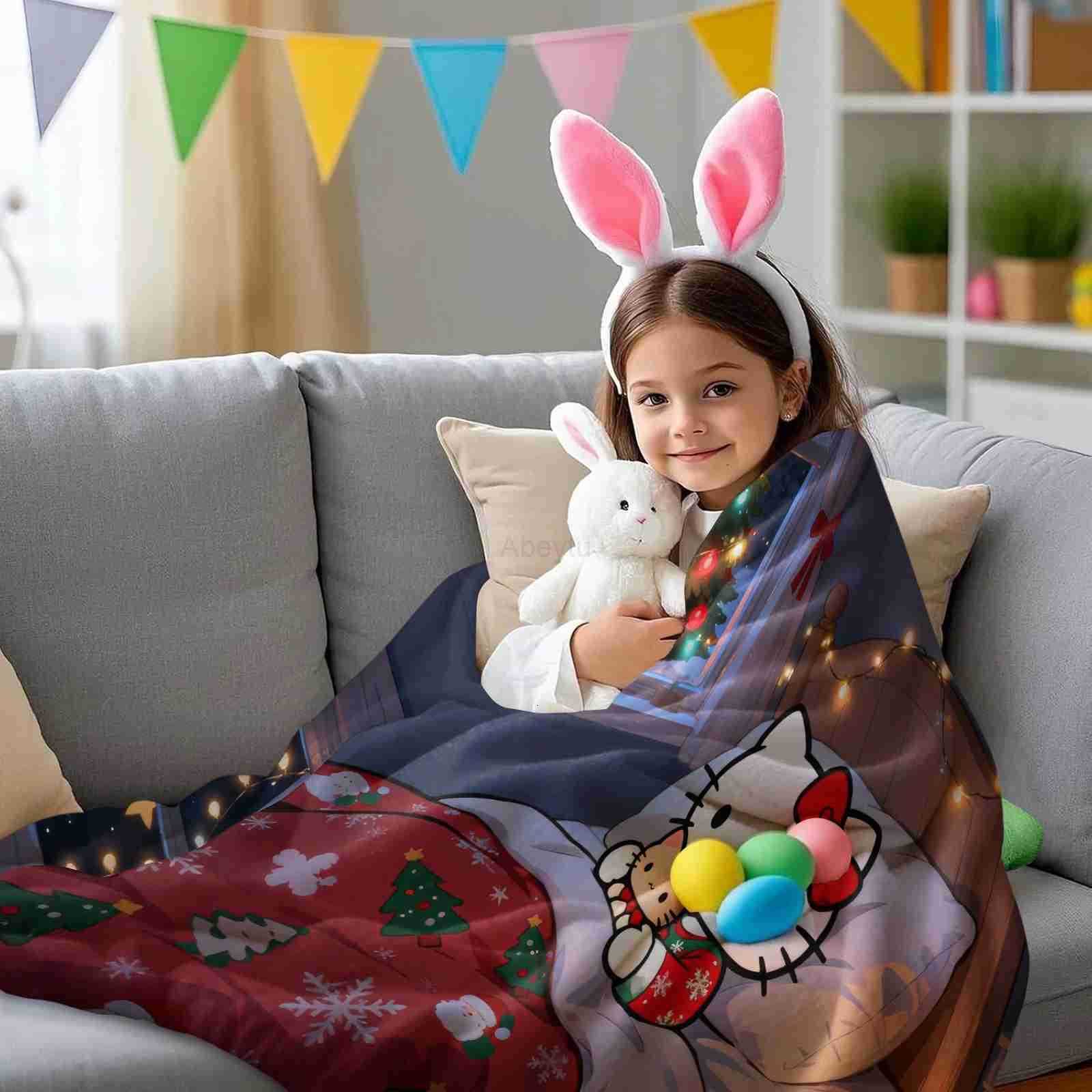 Sanrio Cute Hello Kittys Christmas Printed Blanket Fluffy Soft Flannel Sofa Kid Blanket Home Lunch Break Blanket Holiday Gifts H251201
