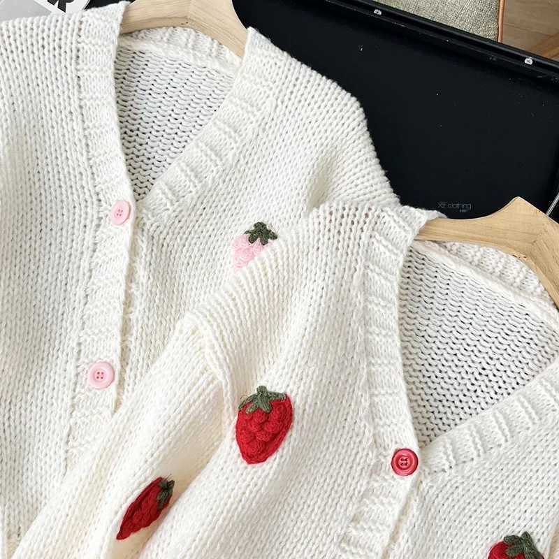 Sweet Strawberry Long Sleeve Loose Cardigans Women Spring Autumn 2026 V Neck Single Breasted Preppy Style Sweater Knitted Tops M260306