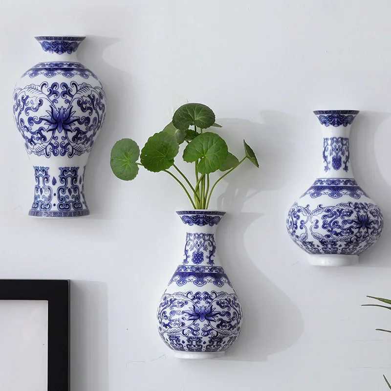 Ceramic vase antique blue and white porcelain flower container lucky bamboo living ro and he decoration wall hanging Y251201