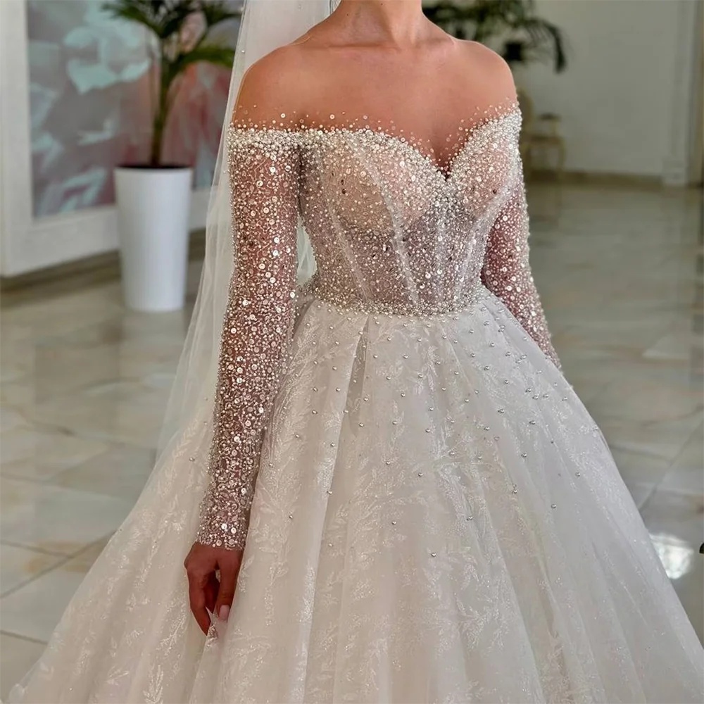 Fashion O Neck Wedding Dresses Pearls Sequins Bridal Gowns A Line Long Sleeves Appliques Princess Sweep Train Customized Vestidos De Novia Plus Size