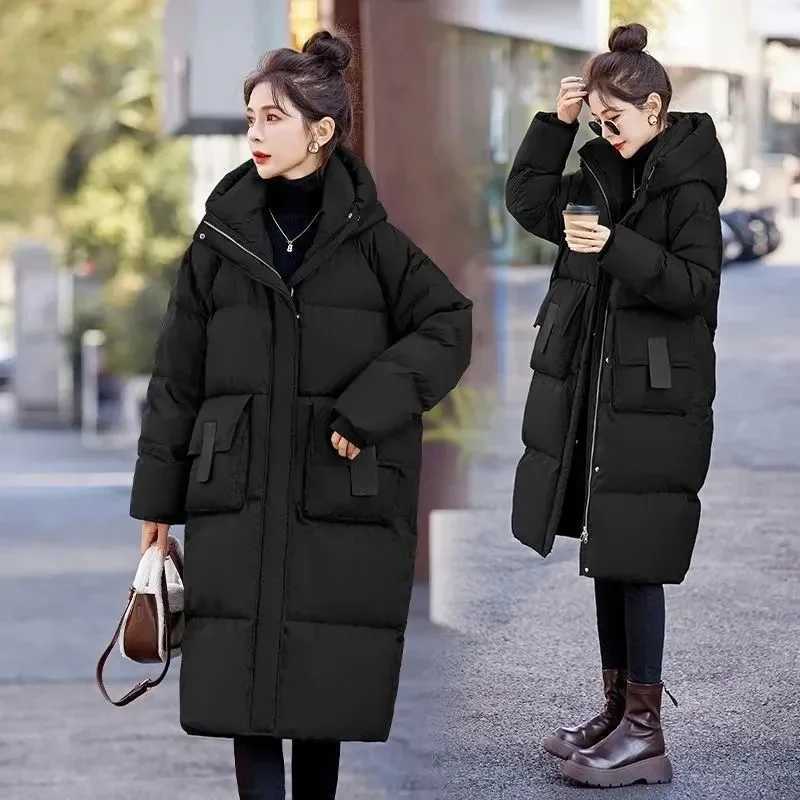 Mid to Long Down Jacket Knee Length 2024 Winter New Item Thickened Warm Fashionable Loose Versatile Jacket Womens Solid ColorT251201