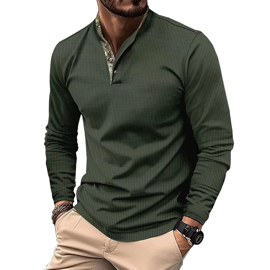 New Mens Waffle Knit Polo Shirt Long Sleeve Spring Autumn Double Layer Stand Collar Casual Men Shirt European size: S-2XL