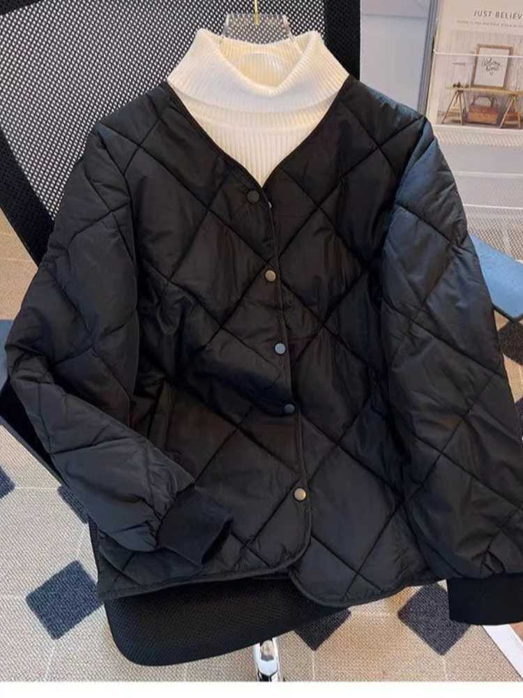 New in Winter Cotton-Padded Jacket for Women New Versatile Lightweight Rhombus Plaid Cotton-Padded Jacket Simple and StylishT251201