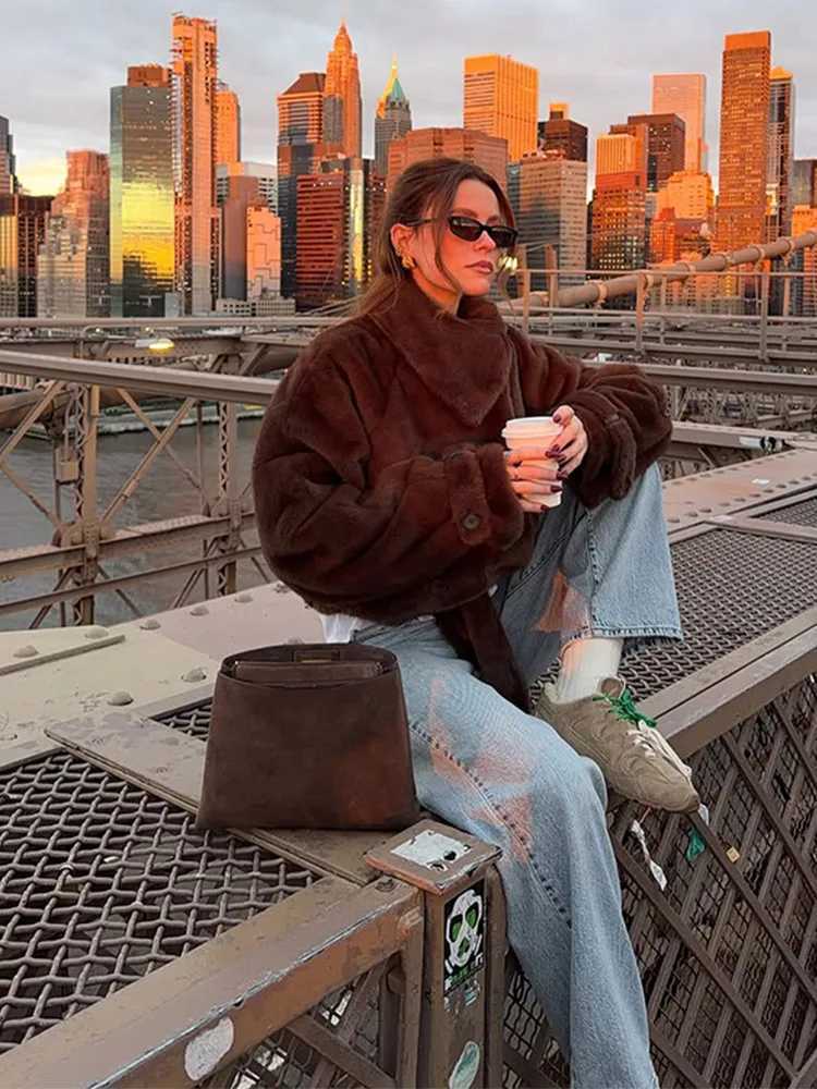 Classic Brown Faux Fur Short Jacket Women Solid Lace-up Full Sleeve Double-breasted Warm Coat Lady Winter Daily Commute Wear NewT251201