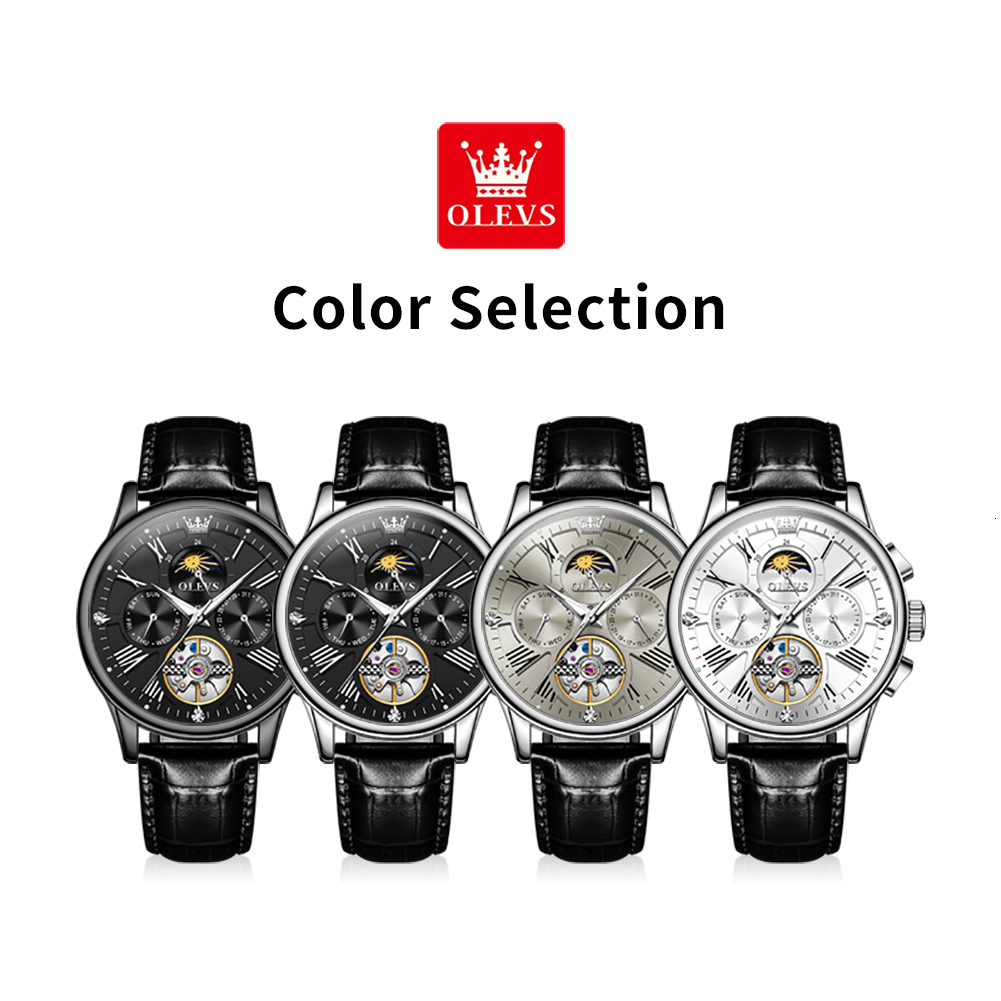 Watches Men Designer OLEVS Trend Waterproof Multi-functional Mechanical Watch Sun And Moon Skeletonized Luminous Skeleton Men's Wristwatch Free S