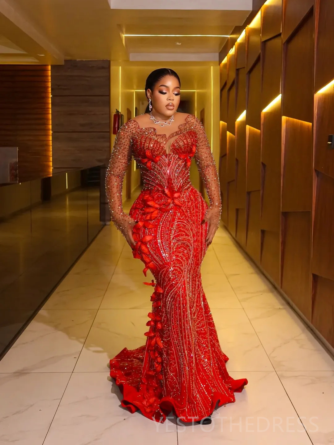 Plus Size Red 2026 Prom Dress Mermaid Evening Dresses For Black Women Beaded Lace Crystals Flora Illusion Long Sleeves Birthday Dress Second Reception