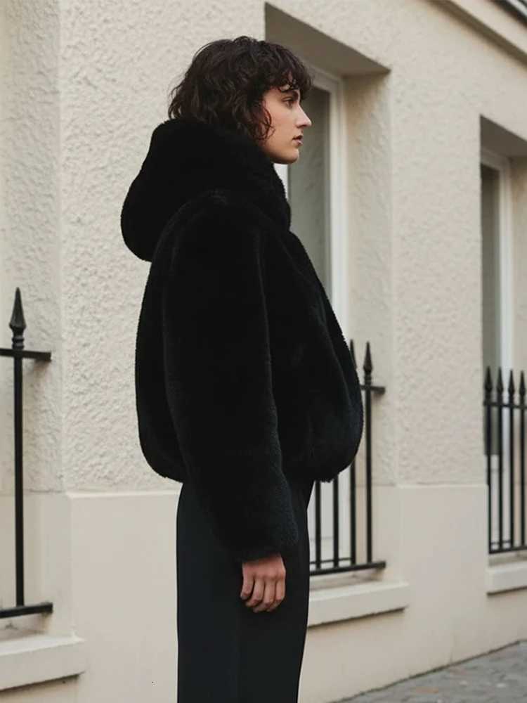 chic Fluffy Hooded Short Faux Fur Coat Women Casual Solid Full Sleeve Zipper Pocket Loose Warm Jacket Lady Winter Commute CoatsT251201