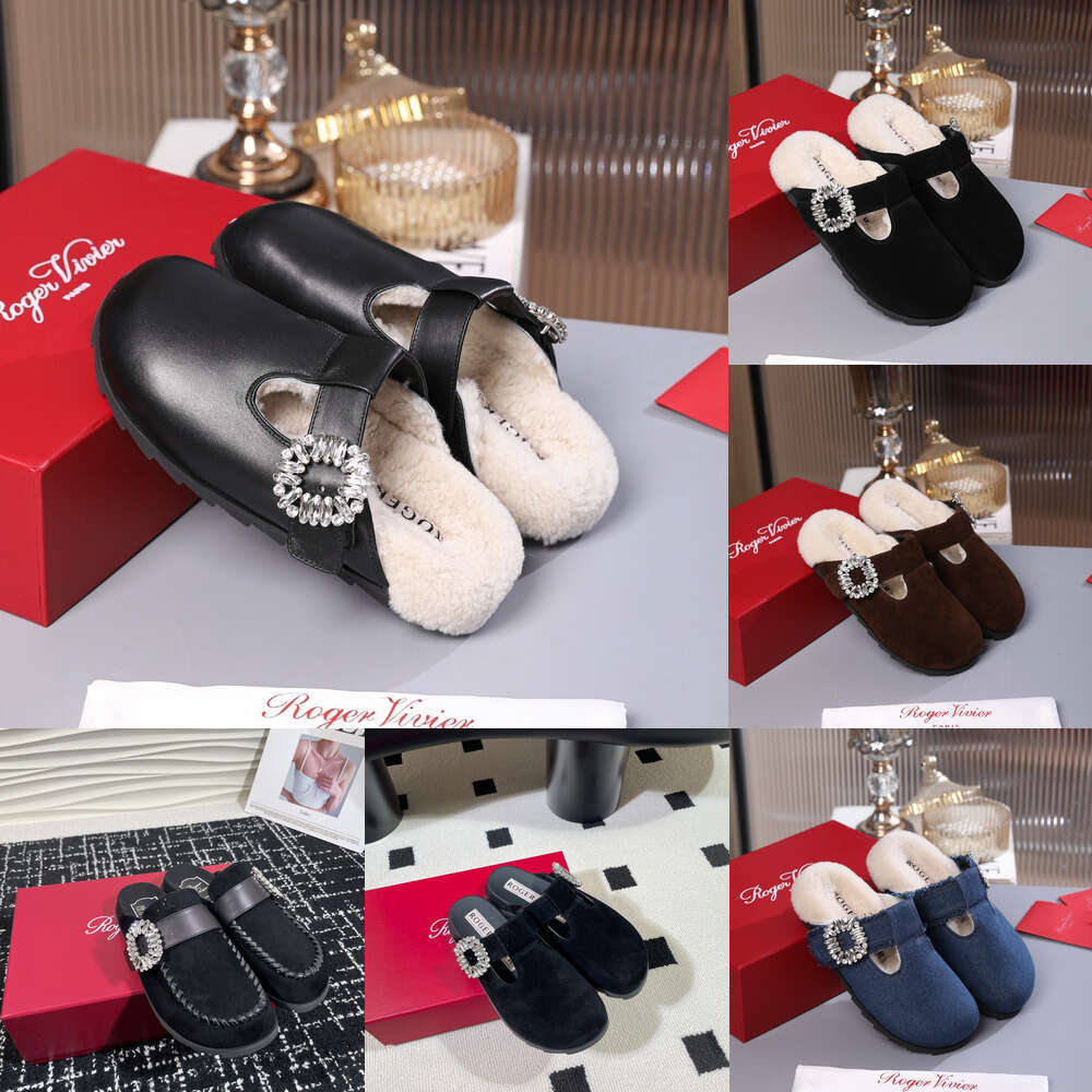 Luxury Tazz comfort RV Sandals Designer Plush Flat Slipper Womans Slidy Viv Rhinestone square buckle Scuffs fur suede Leather loafer Mules clog Slides Booties beach
