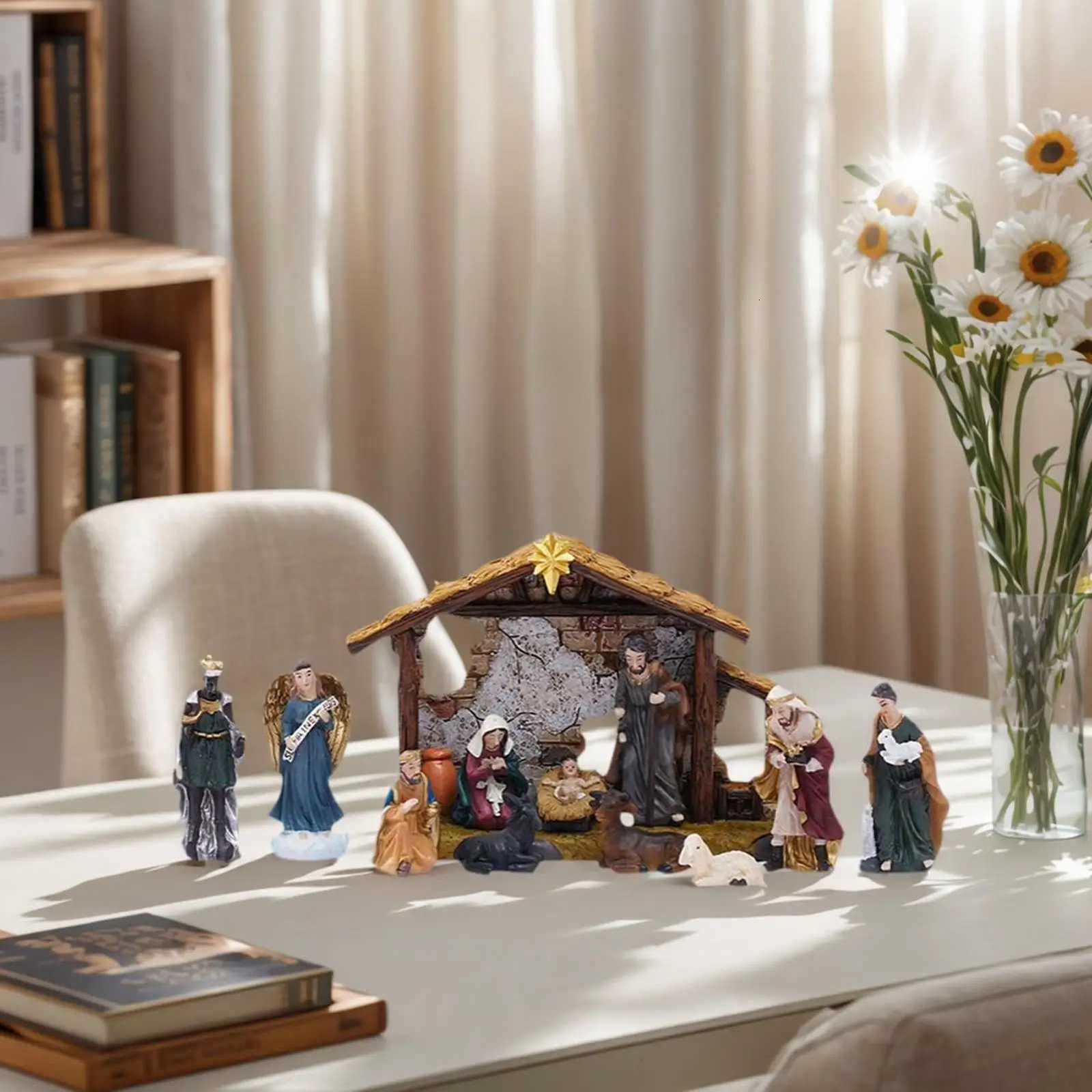 Nativity Set Christmas Manger Scene Decor 12 Pcs Resin Figurines Set with Stable for He Table Bookshelf Christmas Decorations H251129