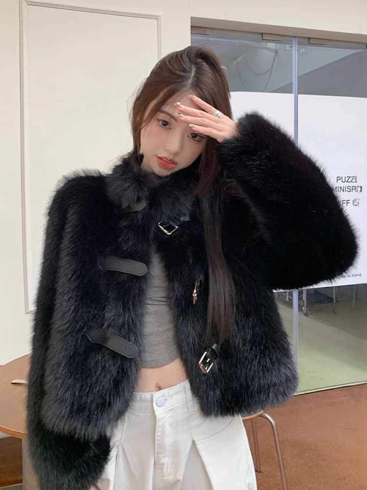 Korean Fashion Black Elegant Belt Button Fall Autumn Winter Warm Furry Coat Imitation Mink Velvet High Street OutwearT251201