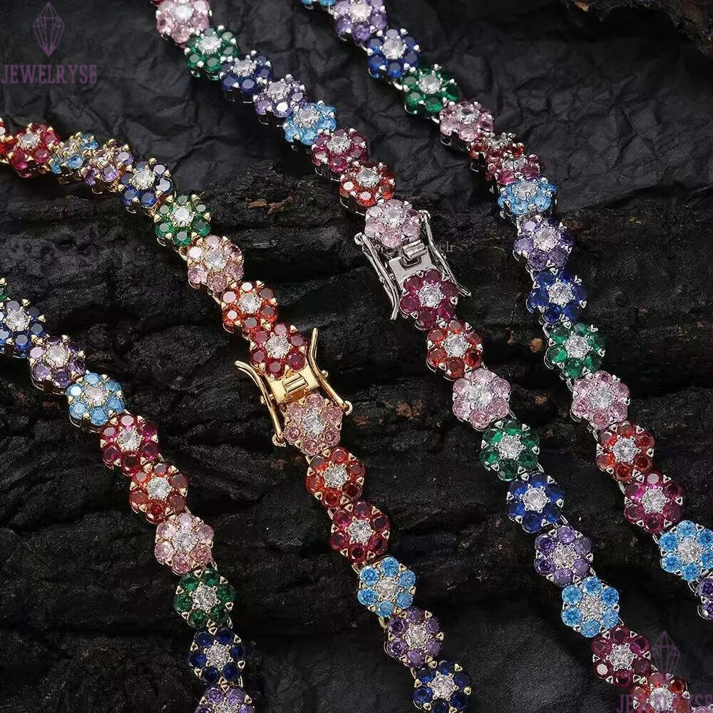 Hip-Hop tennis Sterling Sier VVS Moissanite dia cluster iced out cuban chain for men women colorful floral bracelet necklace
