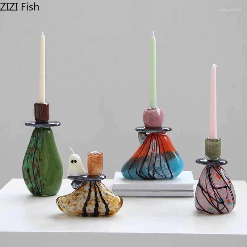 Candle Holders Mottled Painted Glass Holder Creative Ornaments Candlestick Table Decoration Candelabrum Wax Melt Burner Aroma XJ260305
